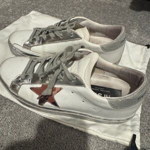 Golden Goose White and Silver Sneakers with Red Star